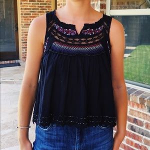Free People Black Embroidered Tank Top